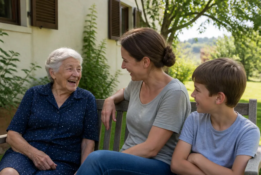 Drei Generationen sitzen lachend auf der Gartenbank vor dem Haus der Familie