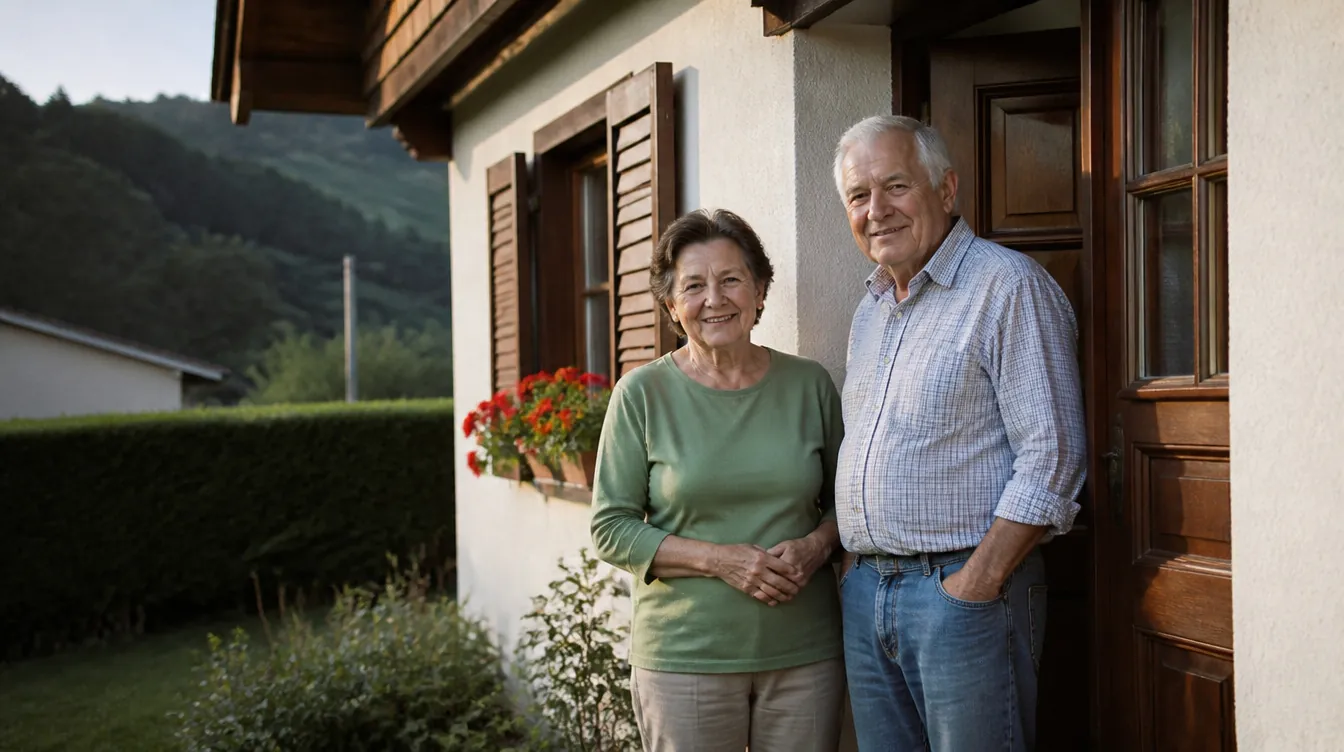 Ein älteres Ehepaar steht entspannt vor der Haustür seines Hauses in der Steiermark